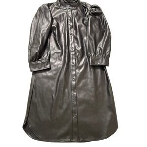 Gap Faux Leather Button Up Shirt Dress Womens Small Black Puff Sleeve Midi NWT